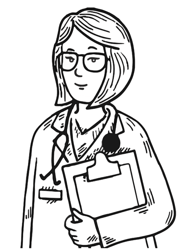 Illustration of a medical professional wearing a lab coat and a stethoscope and holding a clipboard.